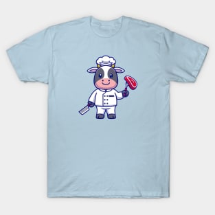 Cute Cow Chef Cooking Meat Cartoon T-Shirt